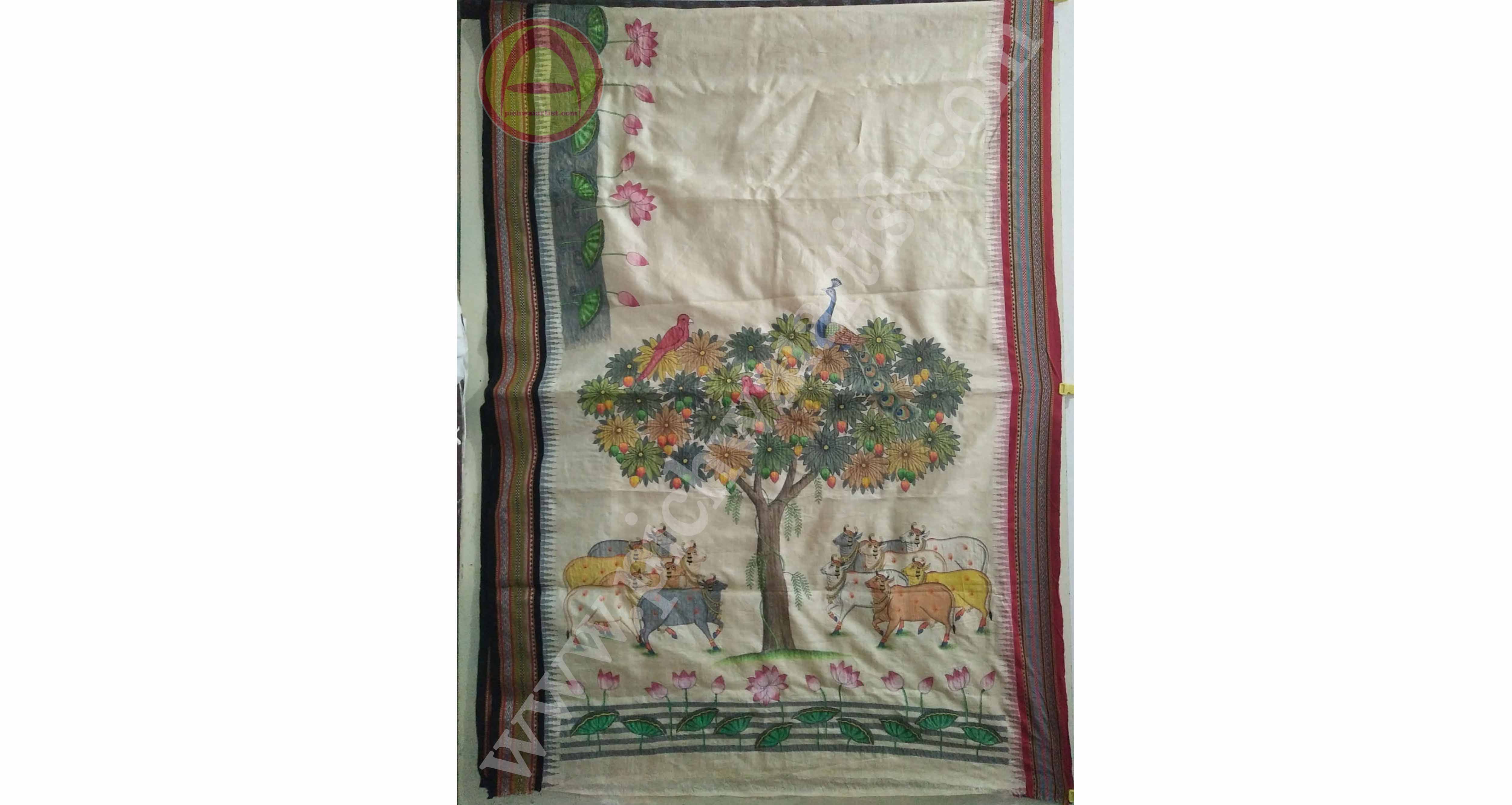 Royal Hand-Painted Pichwai Saree Art – A Unique Washable Heritage Creation for Luxury Fashion
